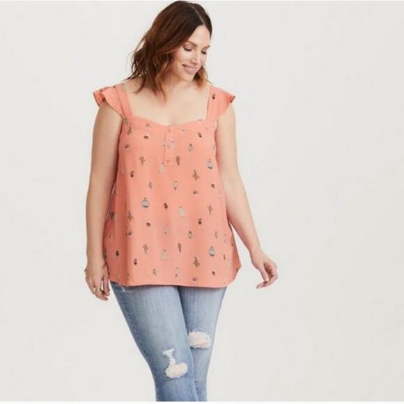Torrid Coral Cactus Print Ruffle Crepe Tank Blouse - Picture 1 of 7